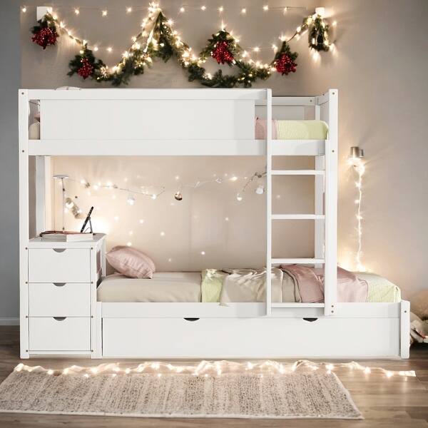 slide 2 of 19, Twin-over-Twin Bunk Bed with Twin size Trundle, Storage and Desk,Multifunctional Bunk Bed with Storage White
