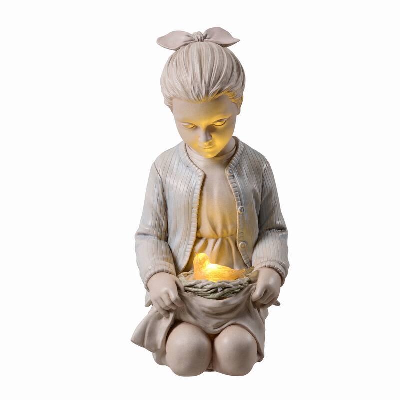 LED Solar Powered Sitting Girl with Bird Nest Outdoor Garden Statue - 16"