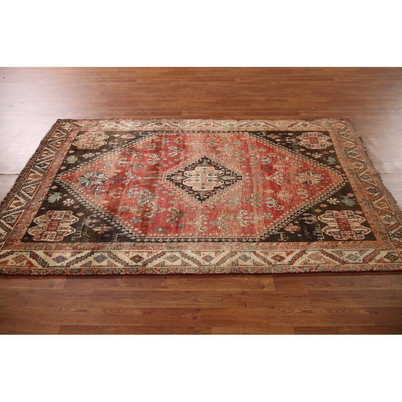 Geometric Shiraz Persian Antique Area Rug Hand-knotted Wool Carpet - 4'10"x 7'10"