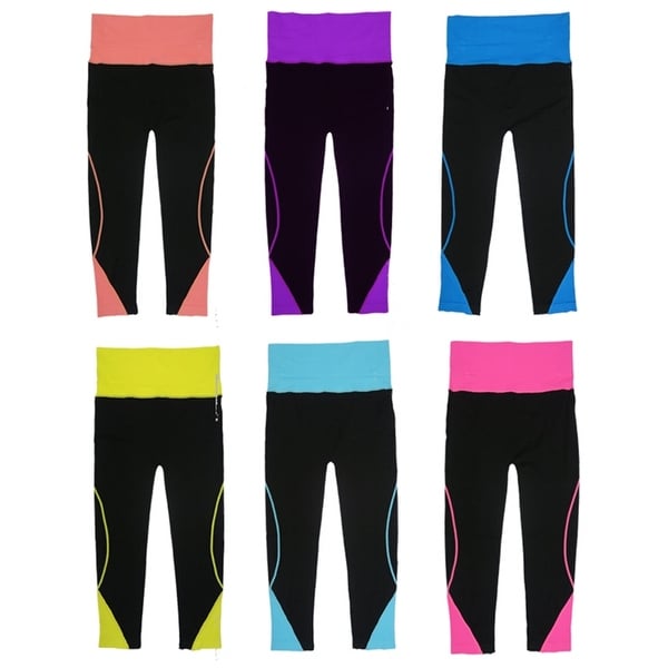 Women 6 Pack Fold Over Contast Color Athletic Sports Carpis Leggings