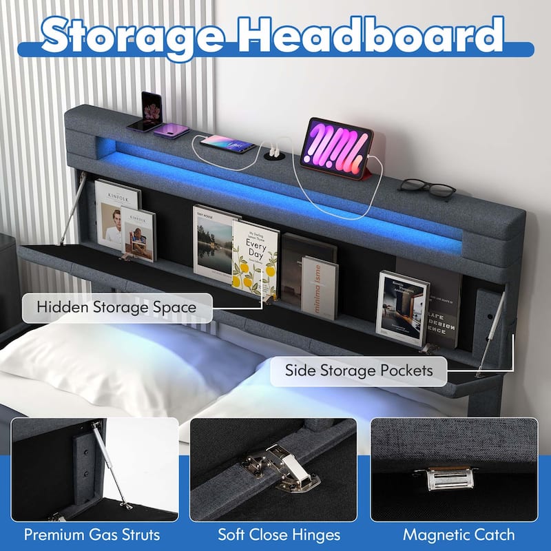Costway Full/Queen Size Bed Frame with Led Lights & Charging Station &
