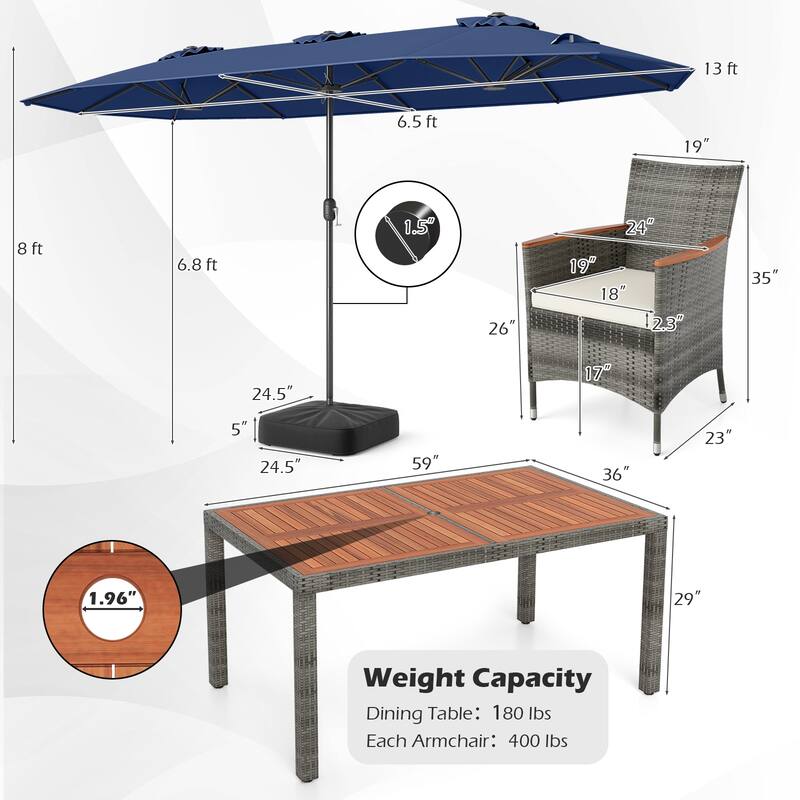 Gymax 8-Piece Patio Dining Set w/ Double-Sided Market Umbrella Acacia