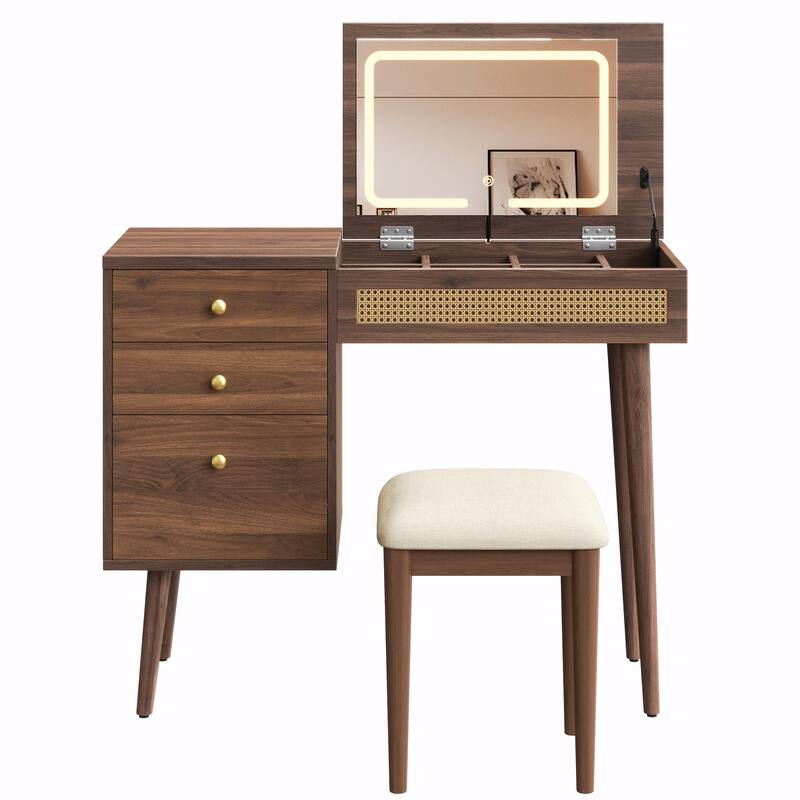 39" Retro Bohemian Style Vanity Desk with Mirror & LED Lights, Flip-Top Dressing Table with 3 Drawers, 10 Compartments