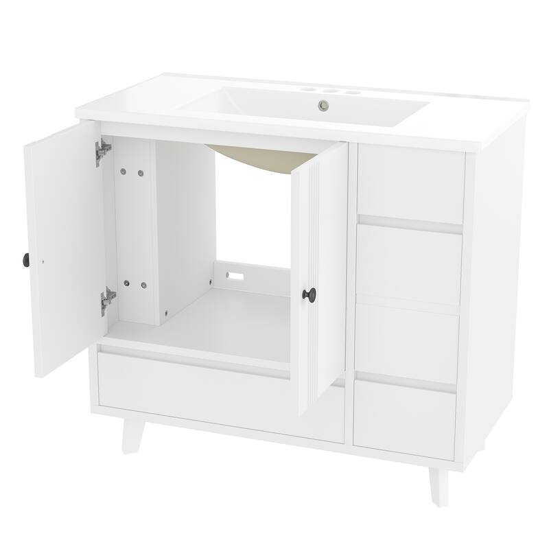 36" Freestanding Bathroom Vanity with Sink - Wood Cabinet with 4 Drawers & Side Storage Rack, Ceramic Basin