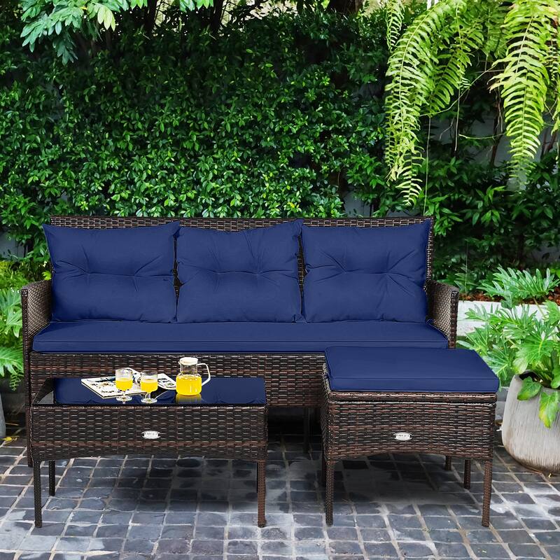 Gymax Set of 3 3-Seat Sofa Cushioned Table Rattan Furniture Set Garden