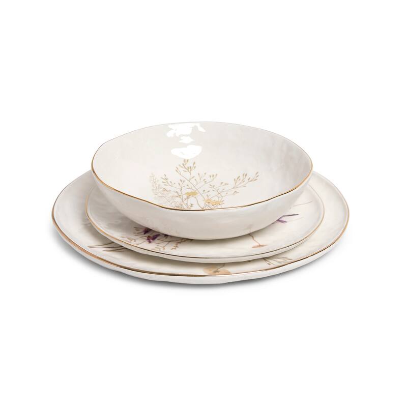 Sango Gansevoort Wildflower 12-Piece Luxury Stoneware Dinnerware Set for 4, White/Gold