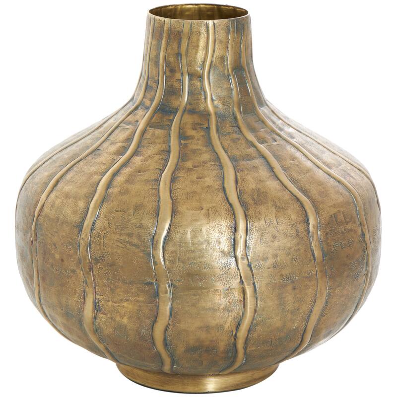 Brass Metal Wide Snakeskin Inspired Decorative Vase with Dimensional Wavy Accents