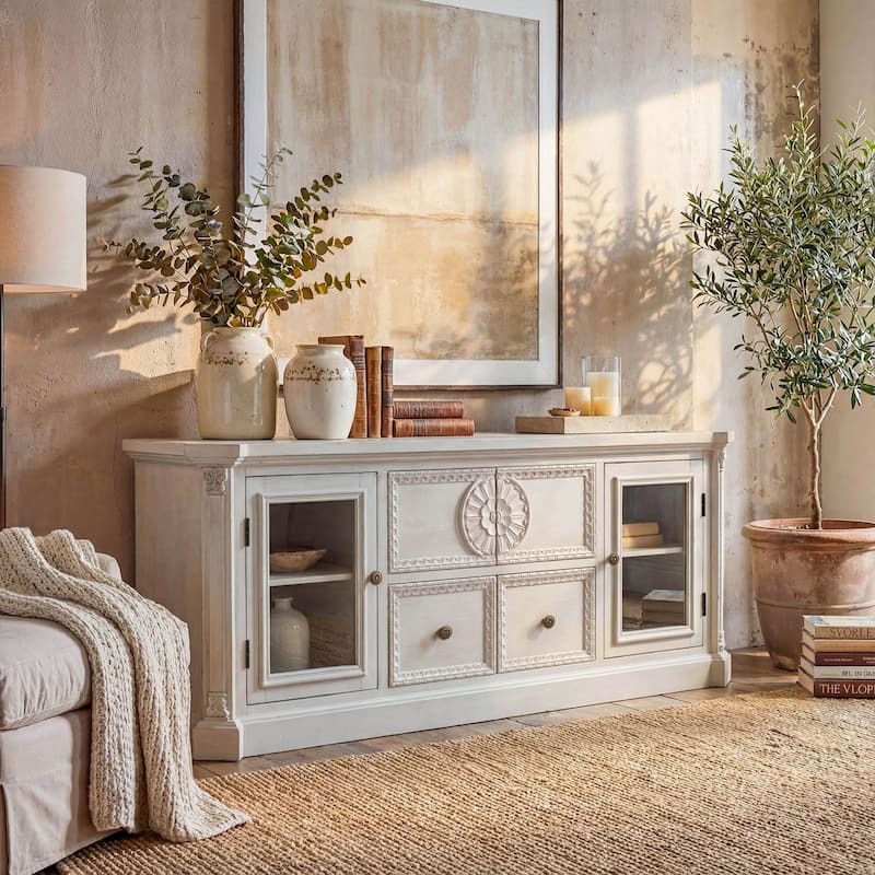 Farmhouse TV Stand with Storage, Solid Wood Media Console Cabinet for Living Room, Fully Assembled