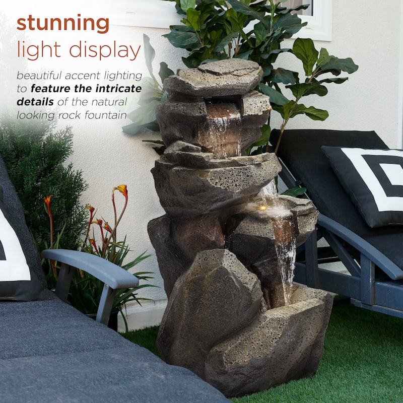 Alpine Corporation 40" Light Gray Outdoor 4 Tier Rock Water Fountain with LED Lights