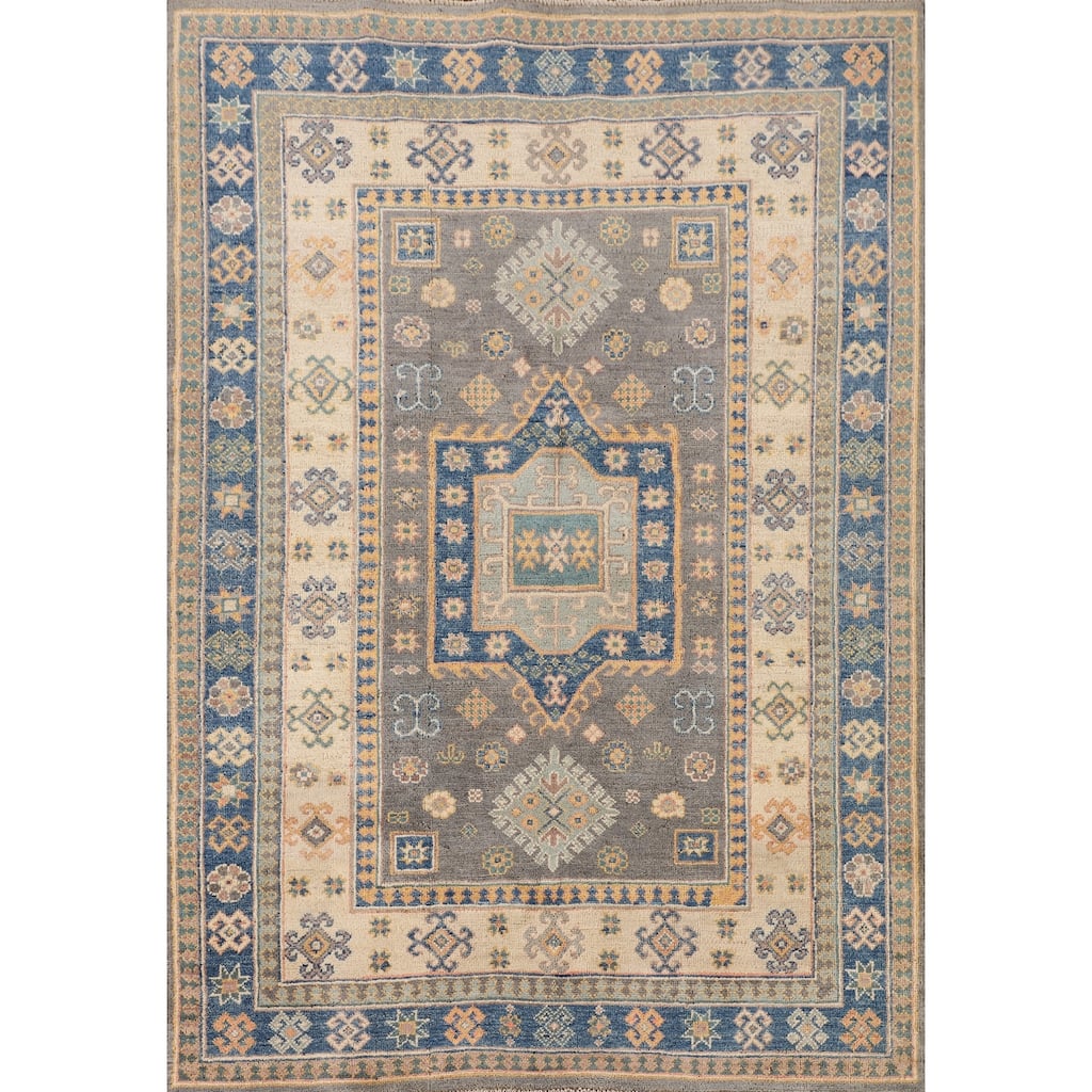 Geometric Kazak Area Rug Handmade Oriental Wool Carpet - 4'0" x 5'9"
