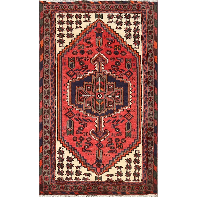 Geometric Persian Hamedan Area Rug Wool Hand-knotted Foyer Carpet - 3'3" x 4'9"