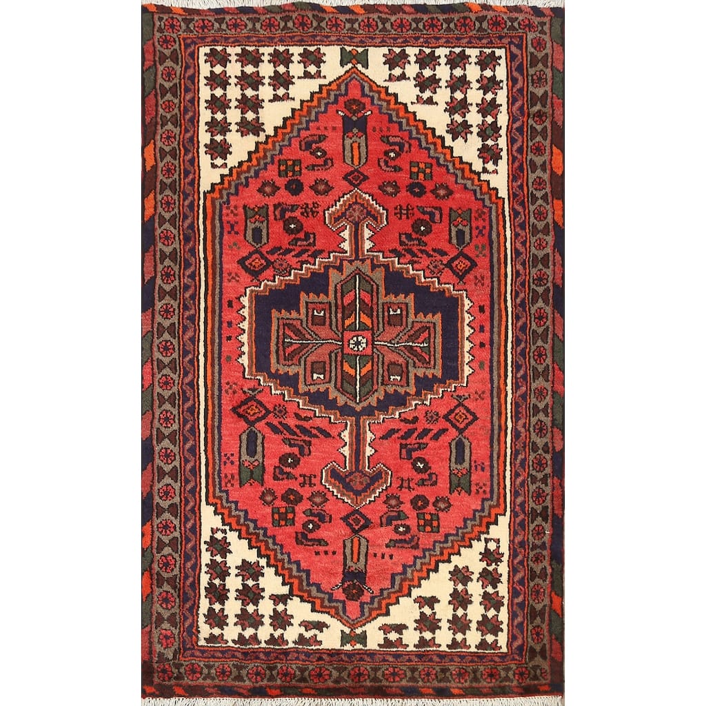 Geometric Persian Hamedan Area Rug Wool Hand-knotted Foyer Carpet - 3'3" x 4'9"