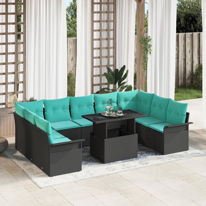 vidaXL 10 Piece Garden Sofa Set with Cushions Black Poly Rattan - 113.8×73.8×27.2