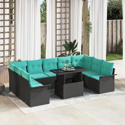 vidaXL 10 Piece Garden Sofa Set with Cushions Black Poly Rattan - 113.8×73.8×27.2