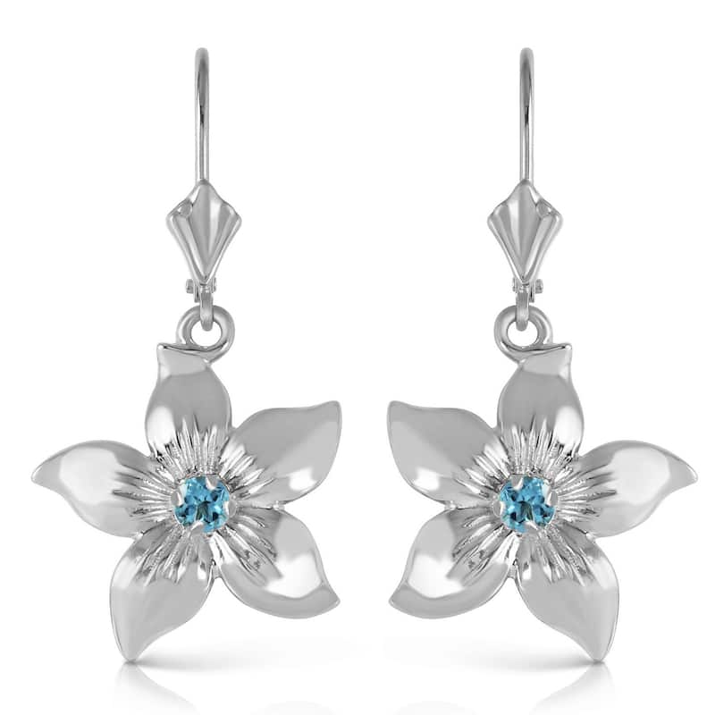 14K Solid Gold Leverback Flowers Gemstone Earrings w/ Blue Topaz