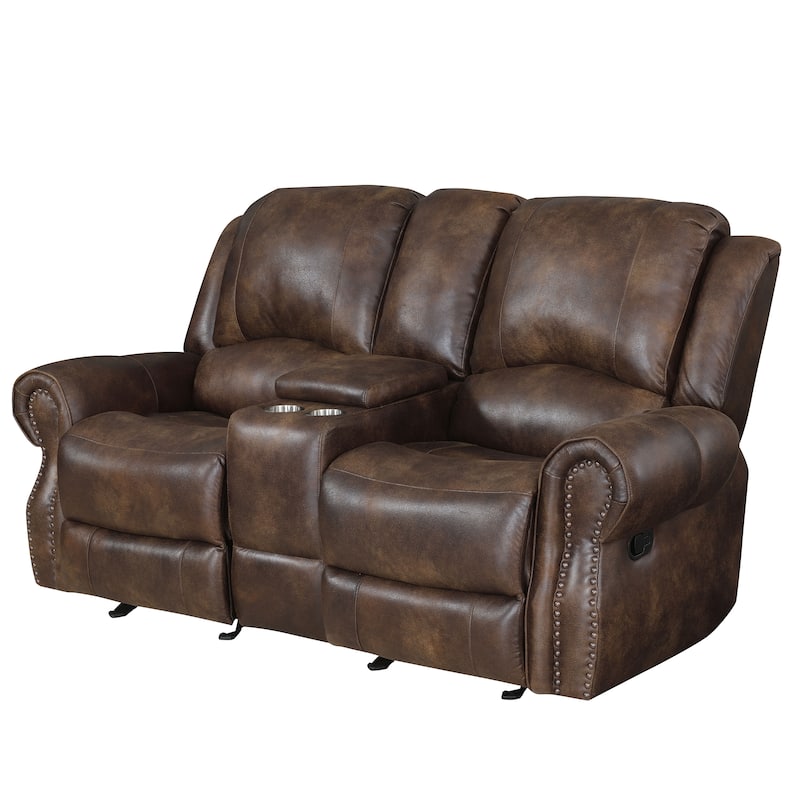 Steve Silver Saddle Brown Faux Leather Manual Reclining Console Loveseat