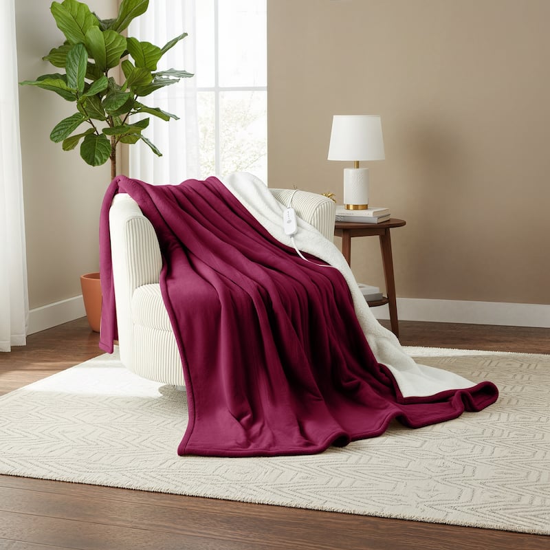 Reversible Flannel and Sherpa Electric Heated Blanket with Adjustable Heat and Auto Shut-Off - Dull Red-Throw - Throw