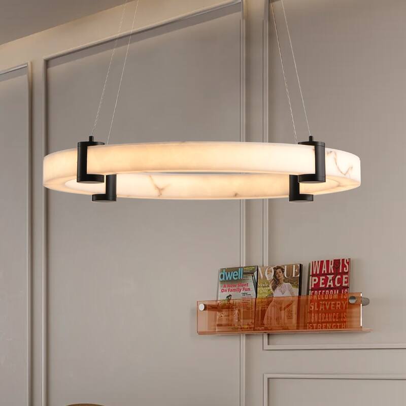 Modern LED Pendant Light, 24-Inch Round Hanging Chandelier, Marble Finish Resin Ring Ceiling Light for Living Room