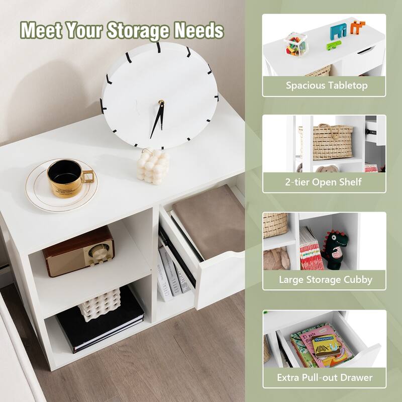 3-Cube Bookcase Organizer w/ Wooden Storage Shelf & Pull-out Drawer