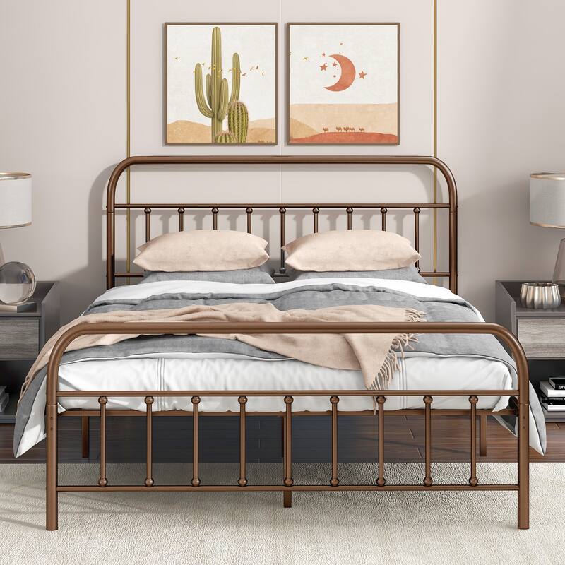 Metal Platform Bed Frame with Headboard and Footboard, Heavy Duty Slat Support/Underbed Storage Space, Vintage Style