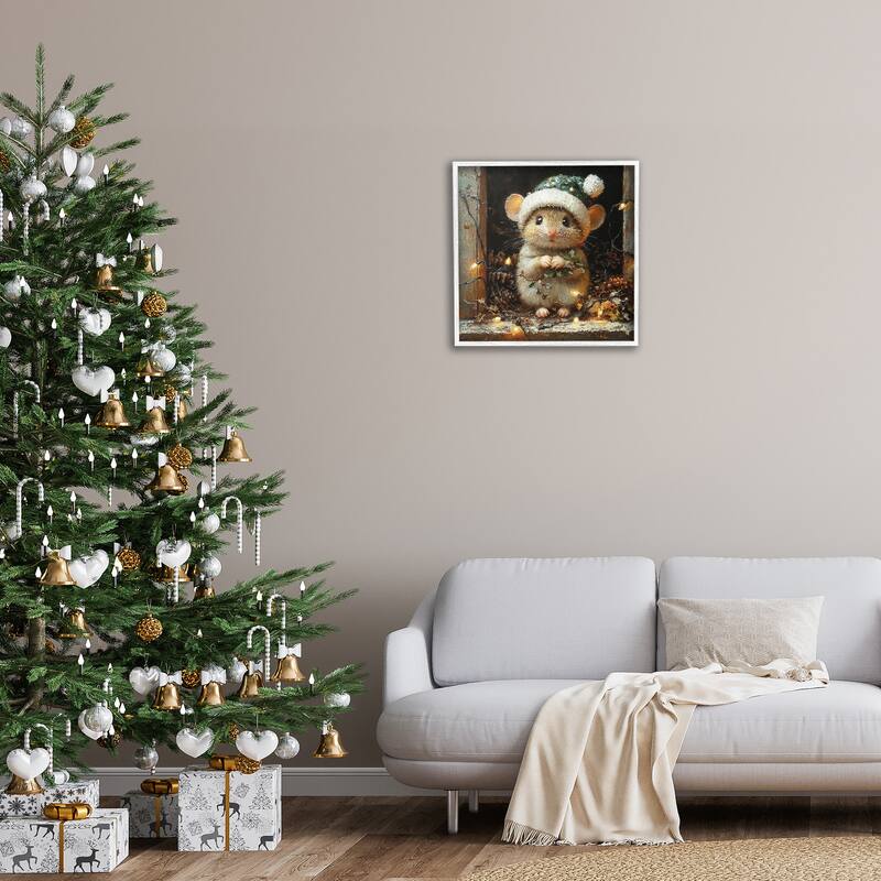 Stupell Barn Mouse with Christmas Lights Framed Giclee Art Design By Riley B