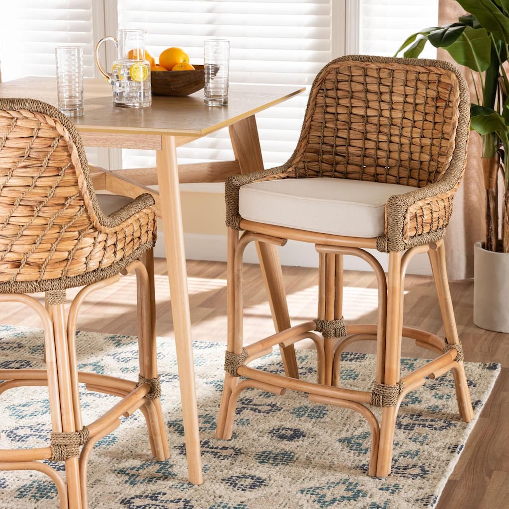 Kyle Bohemian Natural Brown Woven Rattan Counter Stool with Cushion