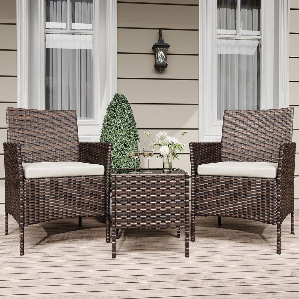 3-Piece Patio Furniture Set with Coffee Table, Cushions, 250-lb Capacity, Brown Rattan/Beige - N/A