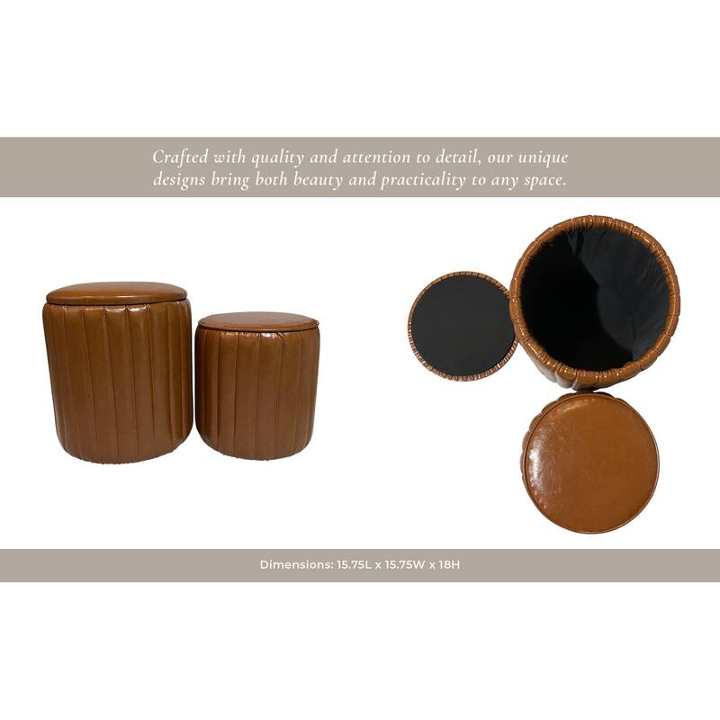 Leather and Pine Wood Ottoman Modern Storage (Set of 2) - 14/18" Brown