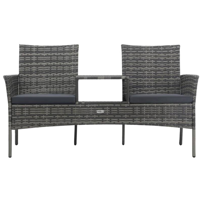 Garden Bench with Center Tea Table, Anthracite Gray Wicker Rattan, 60 Inch