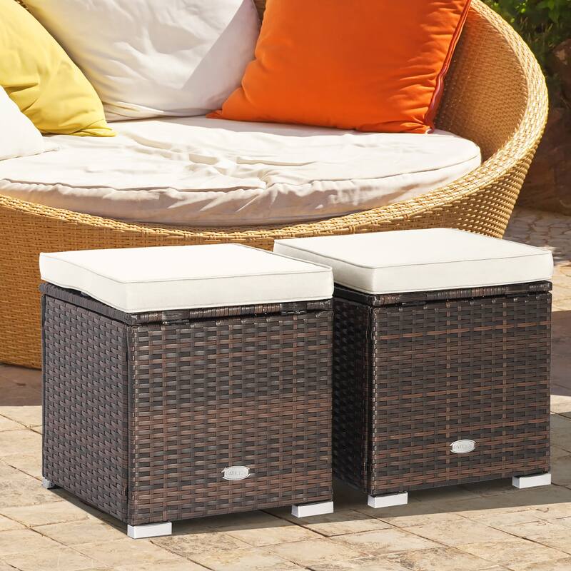 Costway 2PCS Patio Rattan Ottomans Seat Side Table Storage Box - See Details - White