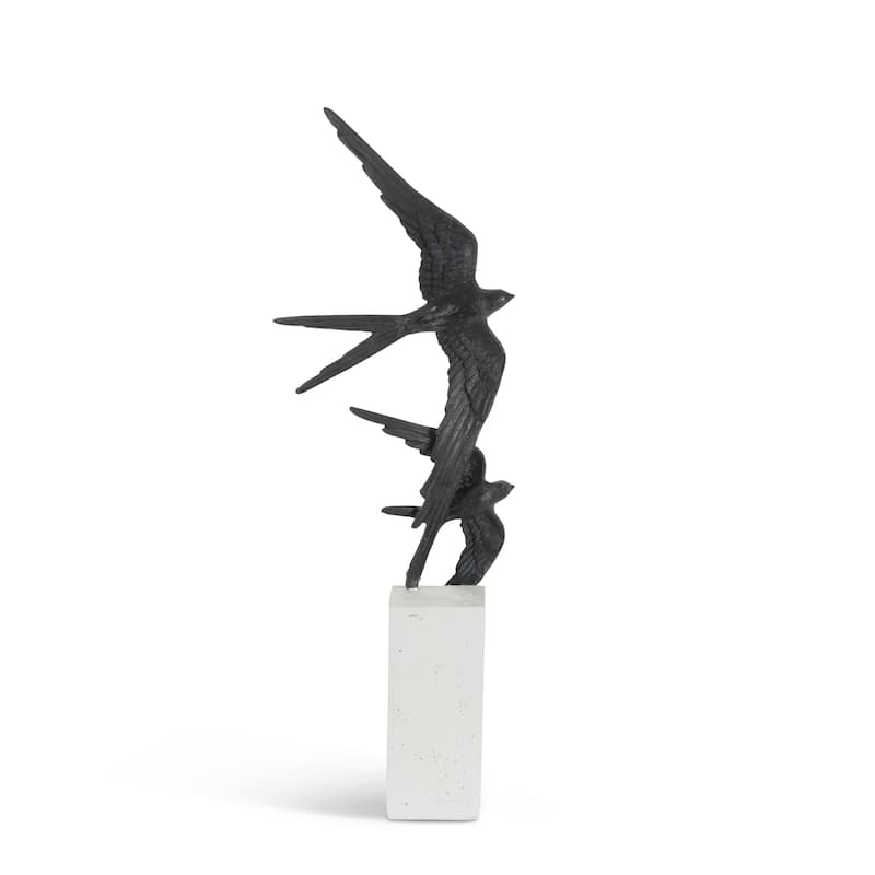 20 in H Black Swallows in Flight Decor on White Marble look Resin Base