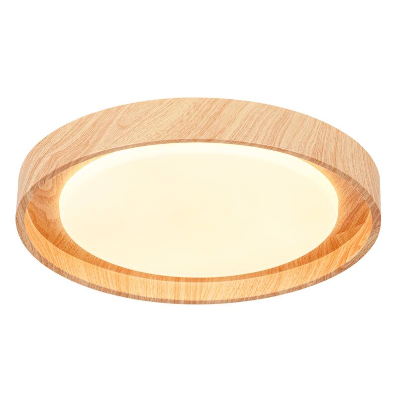 19.7" W Modern Minimalist Round Circle Integrated LED Flush Mount Ceiling Light with Wood Grain Finish