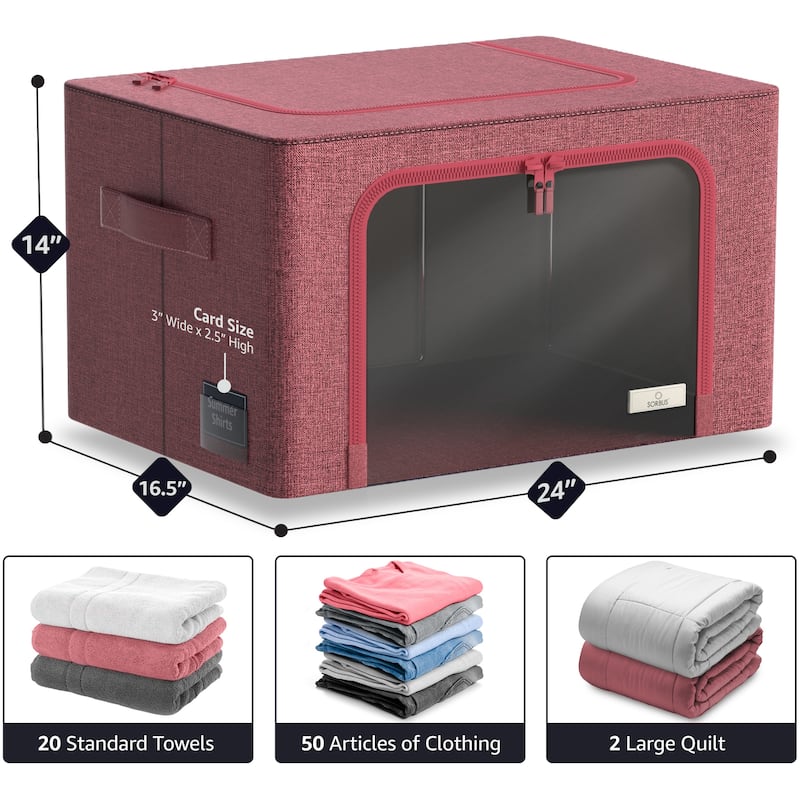 Sorbus Jumbo Storage Bins with Metal Frame Stackable Foldable Clothes Organizer Bags Oxford Fabric & Clear Window & Handles- 4Pk