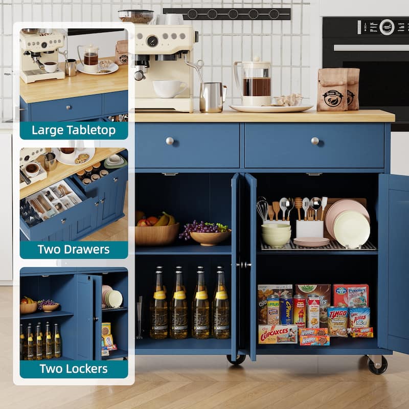 Kitchen Storage Island with 2 Drawers & Extendable Countertop - Rolling Storage Cart with Towel Rail, Lockable Wheels