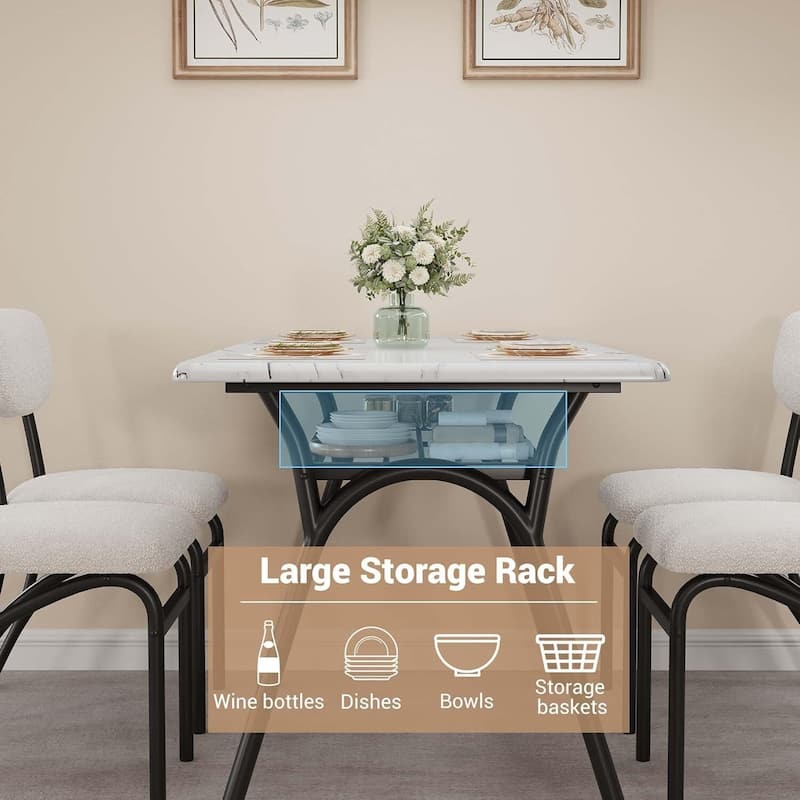Dining Table Set for 4, with 4 Boucle Chairs and Storage Rack
