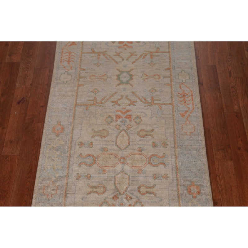 Hand Knotted Oriental 100% Wool Carpet Transitional Geometric Beige & Ivories Oushak Runner Rug - 8' 2'' X 2' 8''