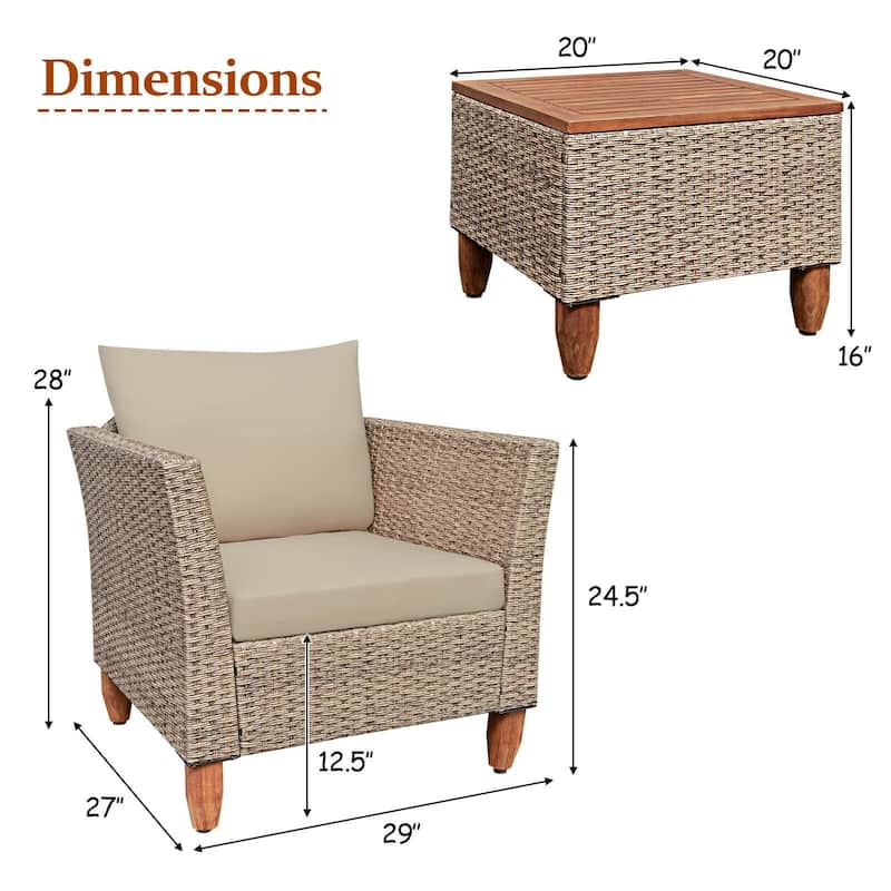 3 Pieces Patio Rattan Furniture Set with Washable Cushion for Yard Porch - 29" x 27" x 28"(L x W x H)