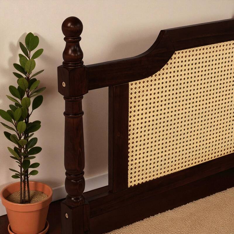 Queen/King Size Pine Wood Bed with Rattan Headboard and Footboard, Solid Frame with Central Support and Under-Bed Storage