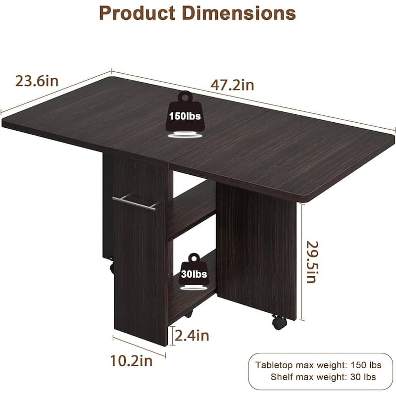 Folding Dining Table, Space Saving Farmhouse Dining Table for 4 Storage Shelf, 6 Wheels Multipose Expandable Kitchen
