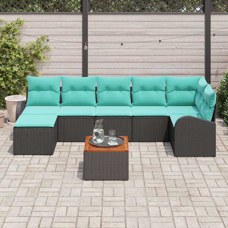 vidaXL 8 Piece Garden Sofa Set with Cushions Black Poly Rattan Acacia - 113.8×48.8×27.2