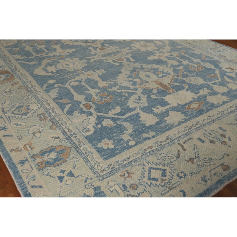 Hand Knotted Oriental 100% Wool Carpet Transitional All-Over Navy Blue & Blues Oushak Area Rug - 12' 5'' X 9' 9''