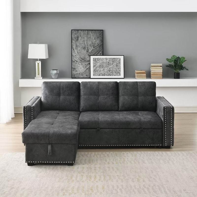 Morden Fort Reversible L-Shaped Sofa Bed with Storage - Velvet Upholstery, Button Tufting, and Nailhead Trim - Black