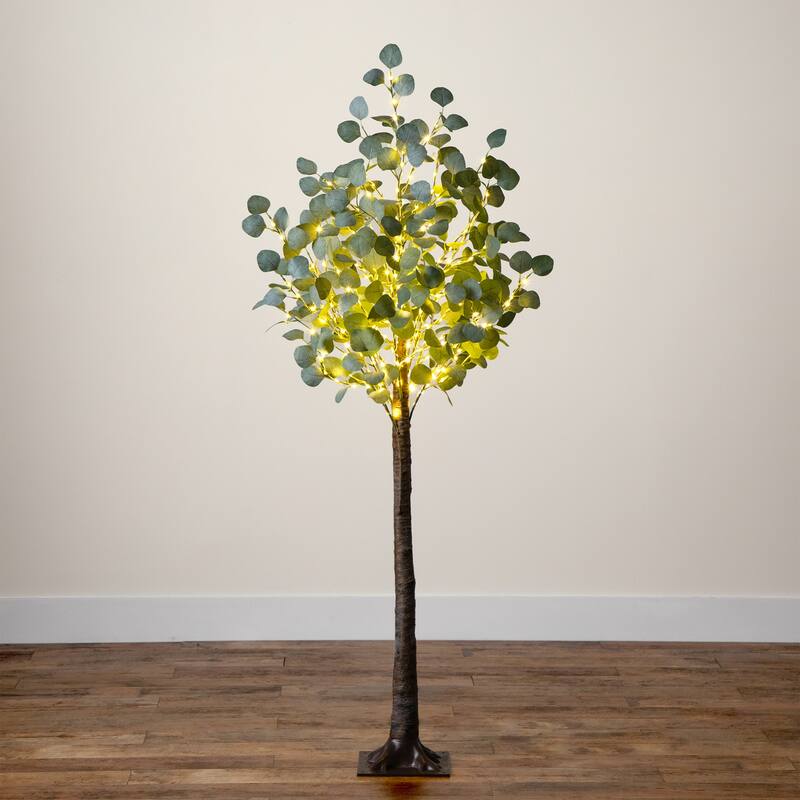 Pre-Lit Eucalyptus Artificial Tree on Metal Base - 5' - Warm White LED Lights