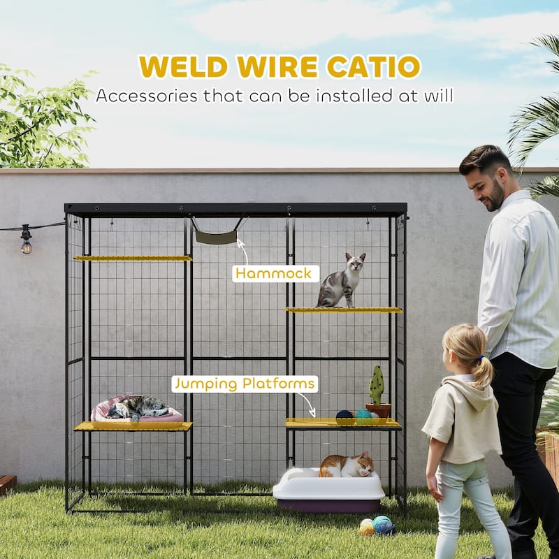 PawHut Weld Wire Catio Outdoor Indoor, Cat Enclosure with Waterproof Cover, 4 Jumping Platforms, Hammock, Black