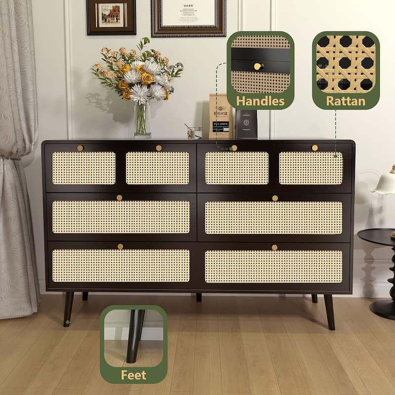 Modern Rattan Dressing Counter with Metal Handle Drawers