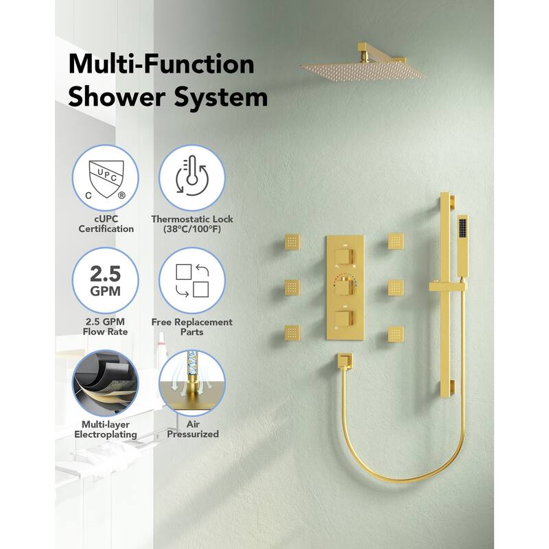 Thermostatic Shower System 12" High-Pressure Rainfall Shower Head with Slide Bar Hand Shower