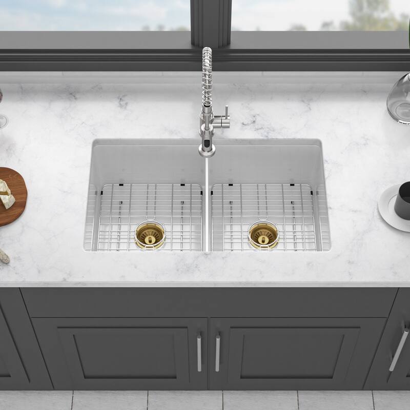 32 Inch Undermount Double Bowl Ceramic Kitchen Sink in White - 32'' x 19'' x 10'' - White - 32'' x 19'' x 10''