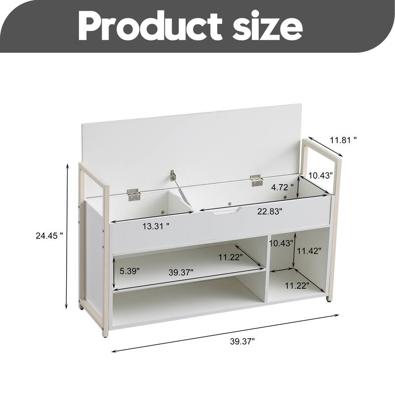 39"Shoe Storage Bench with Cushion, Entryway Bench with Lift-Top Storage Box and 2 Tiers Open Shoe Rack - Ancient White