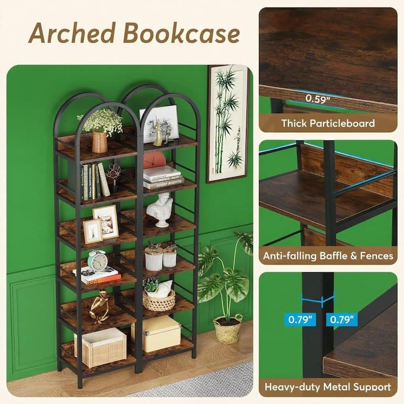 Rustic Brown Particleboard Metal 6 Tier Arched Corner Bookshelf - 17.32" L x 11.81" W x 78.74" H