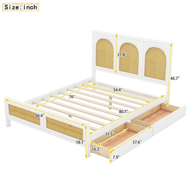 Full Size Wood Storage Platform Bed with Rattan Headboard
